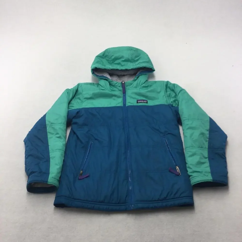 Patagonia Jacket Youth 10 Green Blue Hooded Fleece Lined Puffer Winter Insulated